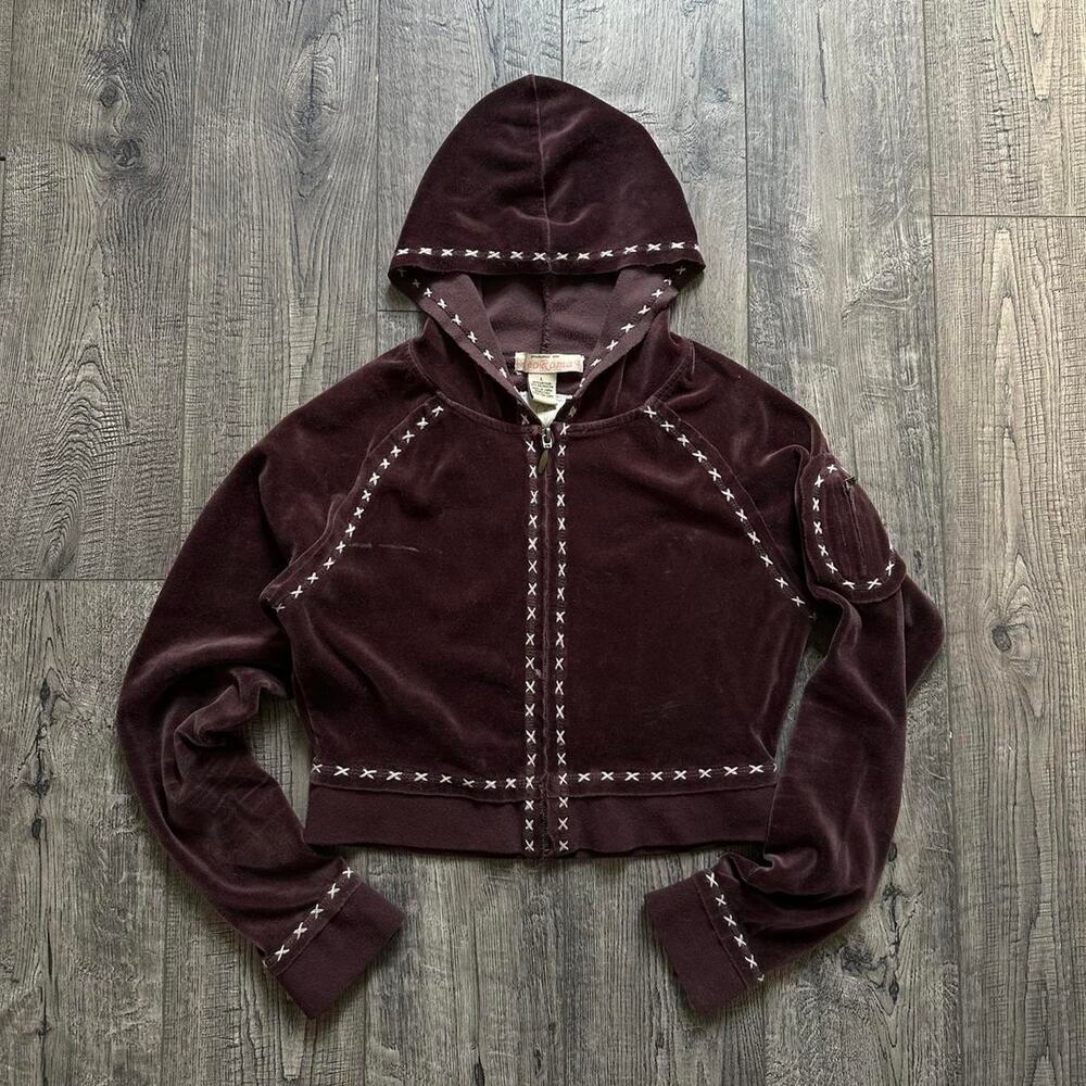 Vintage Y2K 00s Velour Stitched Fairy Goth Mini Cropped Zip Up Hoodie Sweatshirt